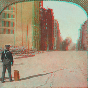 Dynamiting the earthquake and fire-wrecked buildings on Market St., San Francisco. 1906