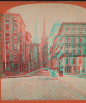 Wall Street looking toward Trinity Church. 1865?-1905?