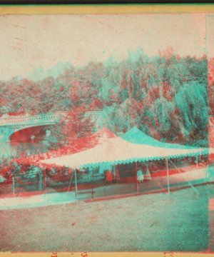 [View of a tent and Bow Bridge in distance.] [1860?-1900?]