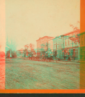 [Main street, with shops and horse carriages, Girard, Pennsylvania. 1870?-1880?