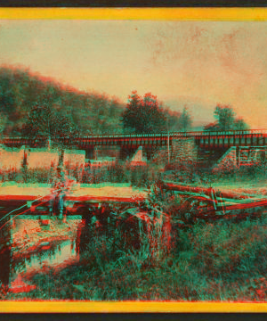 The Iron Bridge and ruins of Old Mill, near Spence Creek, Huntington Co. 1860?-1870?