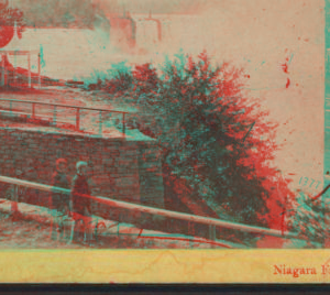 [Tourist at falls, Terrapin Tower in background.] [1860?-1885?]