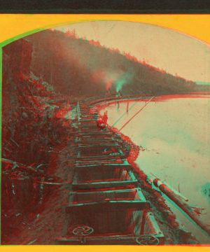 Train of empty oar cars rounding the curve at Goose Lake. ca. 1870 1865?-1920?