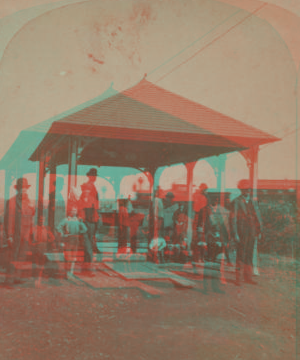 [Group of people standing under a shelter.] [ca. 1870] [1865?-1885?]