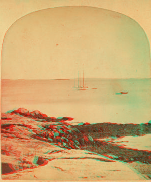 [View of a rocky beach with a sail boat in the distance.] 1859?-1885?