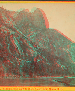 Sentinel Rock, (3270 ft. above Valley) from Merced River. ca. 1870