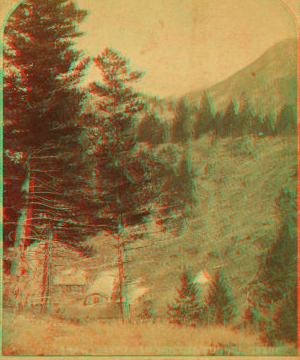 East from Mullen Tunnel Grade [showing log cabin below]. 1876?-1903?