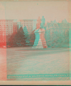 Webster's statue & Majestic Hotel, fr., Central Park, N.Y. [1865?]-1896 c1896