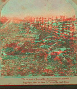 "So we made a thoroughfare for freedom and her train." [View of dead soldiers beside a fence. Hand-colored view.] 1880?-1891? 1861-1865 one view copyright 1904