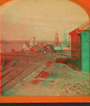 [Railroad tracks and steamboats moored at piers along the lake.] 1870?-1879?