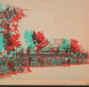 Castle Garden [people sitting on benches]. 1865?-1910?