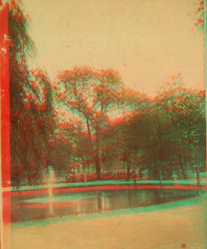 [View of a park with a fountain in a lake and people on a bench in the background.] 1865?-1895?