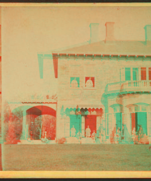 [Family posing in front and in the porch of Stone House.] 1860?-1869?