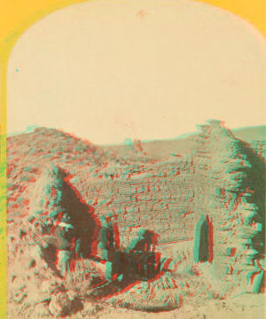 Characteristic ruin, of the Pueblo San Juan, New Mexico, on the north bank of the San Juan River, about 15 miles west of the mouth of the CaÒon Largo. The present race of Indians know nothing of when or by whom these buildings were constructed. The ruin is about 850 feet square, and built of natural stone, joined together by a mud cement. 1874