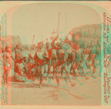 Heroic Sports of the Kraal -- a Zulu War Dance, near the Umlaloose River, Zululand, S. A. 1901