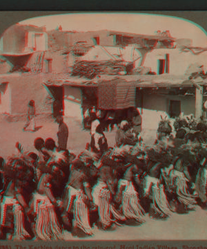 The Kachina dance to the rain-god, Hopi Indian village, Shonghopavi, Arizona. 1870?-1910?