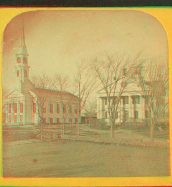 [View of a church and other unidentified building in Middleboro.] 1860?-1880?