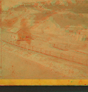 View of the waterfront with railroad cars. [Muscatine, Iowa?] ca. 1870 1868?-1885?