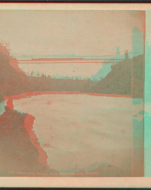 Suspension Bridge, from American side, Niagara. [Train crossing the bridge.] [1859?-1885?]