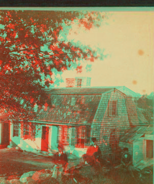 [Three boys sitting on rocks in fron of a home.] 1865?-1903 [187-]