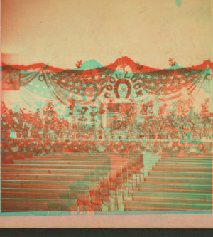 Interior view of hall ready for celebration with decorations reading "Good Luck." 1865?-1885?