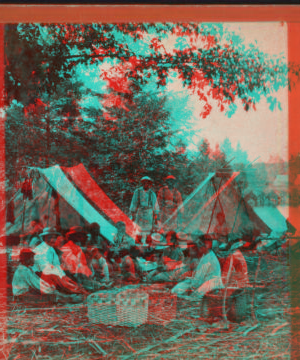 [Group of people, including children, with two tents and a woven basket.] 1870?-1890?