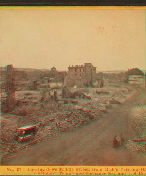 Looking down Middle St., from Rich's Printing Office, showing  portion of Temple and Exchange Sts., and U.S. Custom House. 1866