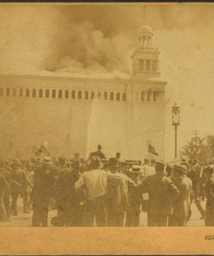 Burning of the Cold Storage building. Fifteen brave firemen lost their lives, July 10th, Columbian Exposition. 1893