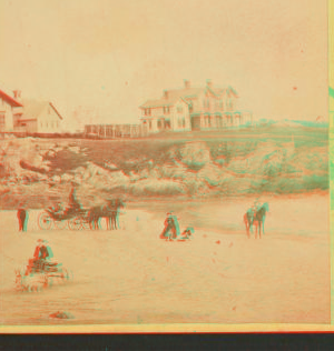 [Coaches, horseback rider and people on the beach and houses in the distance.] 1860?-1869?