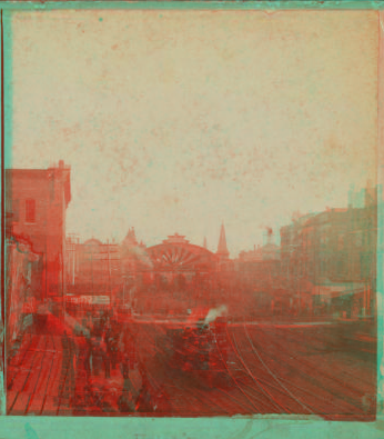 [Union depot showing a locomotive leaving the station.] 1870?-1900? [ca. 1887]