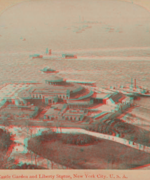 Castle Garden and Liberty Statue, New York City, U.S.A. [aerial view of harbor]. 1865?-1910? [ca. 1880]