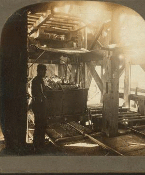 Hoisted car of coal over shaft at head of breaker ready to be dumped, Scranton, Pa., U.S.A. 1870?-1915?