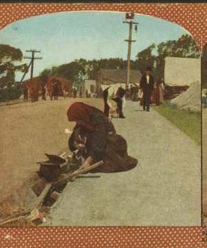 San Francisco refugees camped by the wayside and cooking their rations in the gutters. 1906