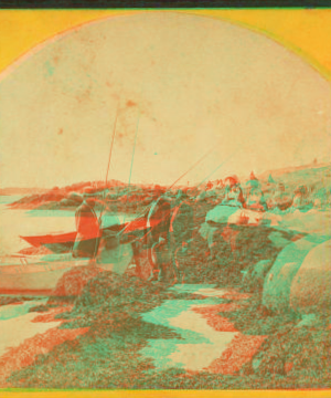 [View of people with fishing poles standing by a boat on the shore.] 1858?-1890?