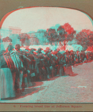 Forming bread line at Jefferson Square. 1906