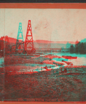 Down from Cherry Run. [Oil derrick and bridge over the creek.] [1860?-1910?]