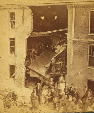 [Debris and damaged buildings from explosion at the Curtis Hat Shop.] 1868?-1885?