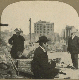 Looking east from corner Pine and Stockton, showing the ruins of the Mills Building. 1906