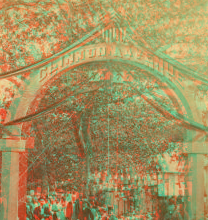 [People gathered under a decorated arch emblazoned with the words "Clinton Avenue".] 1865?-1885?