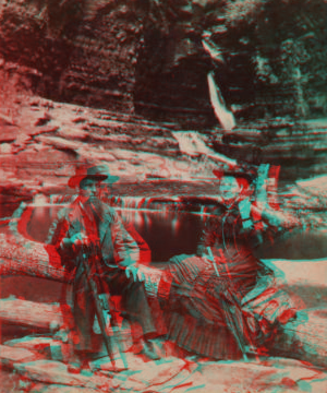 [A couple relaxing on logs in Watkins Glen.] [1865?-1905?]