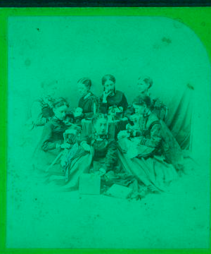 [Group portrait of 7 women, each holding needlework or flowers.] 1865?-1903 [ca. 1865]