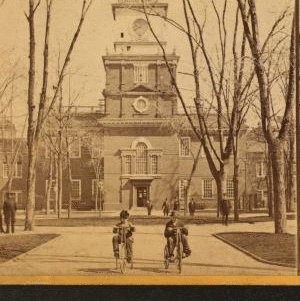 Rear of Independence Hall. (With two boys on tricycles.) 1865?-1880?