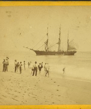 [People on the shore looking at a ship.] 1867?-1890?