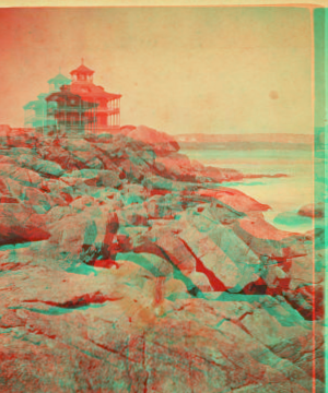 [Residence of Col. E.J. Sherman atop rocks, with porches surrounding two stories, cupola.] 1863?-1910?