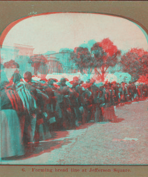 Forming bread line at Jefferson Square. 1906