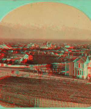 East side of Salt Lake City, from Arsenal Hill, looking south-east. Wahsatch [Wasatch] Range of mountains in the distance. 1863?-1880?