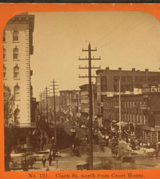 Clark Street north from Court House. 1865?-1915? 1871