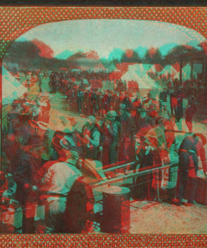 Serving out Army supplies to unending bread line of refugees at Ft. Mason, San Francisco disaster. 1906