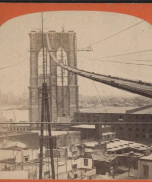 Foot bridge and tower of East River bridge. [1867?-1910?]