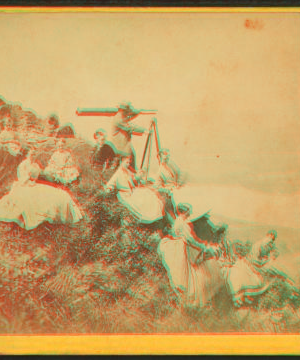 [Group of people on side of hill, some sitting, one with telescope.] 1865?-1880?